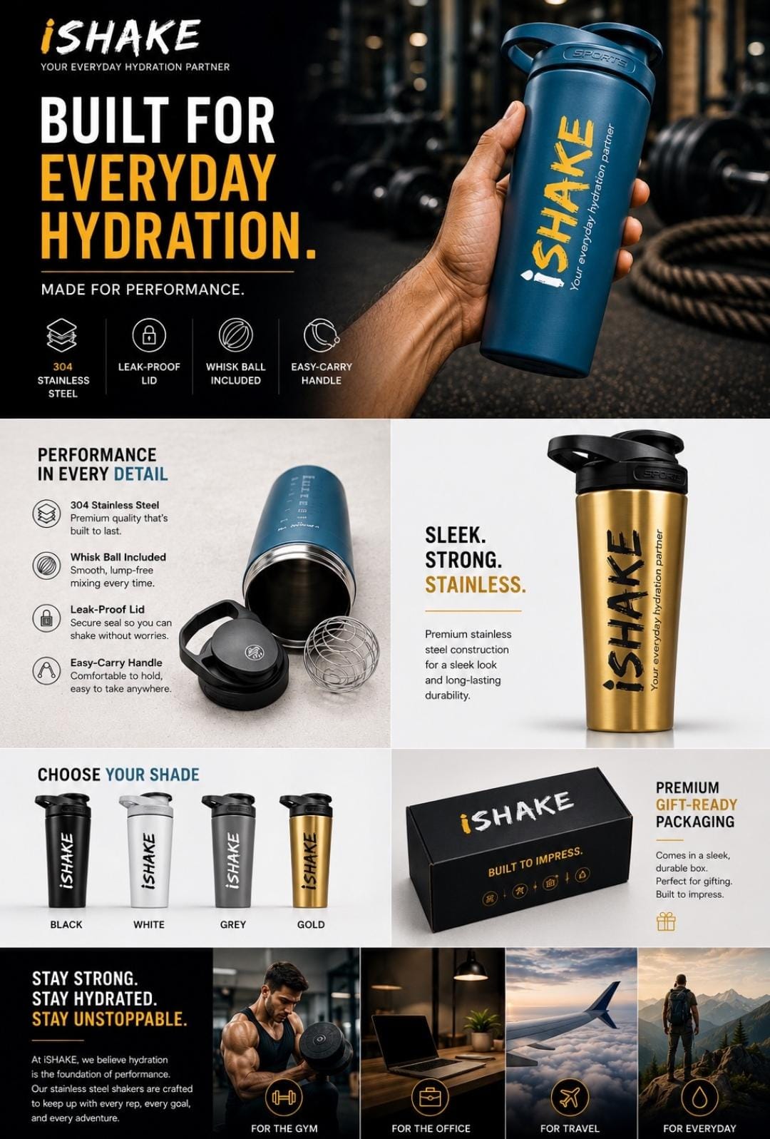 Premium Steel 800 ml shaker bottle